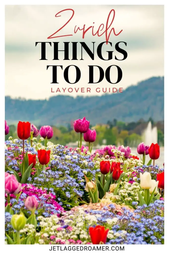 Zurich layover guide Pinterest pin. Text says Zurich things to do layover guide. Field in Zurich. 