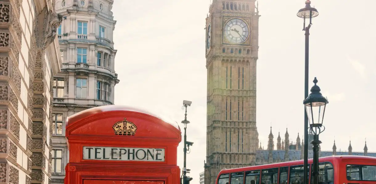 London on a layover photo of the classic red phone booth and Big Ben in the background.