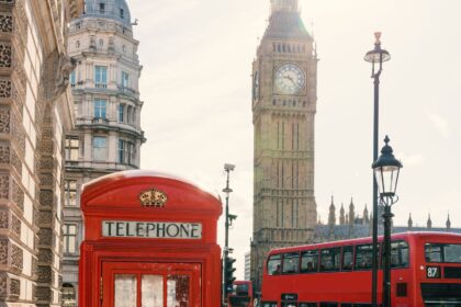 London on a layover photo of the classic red phone booth and Big Ben in the background.