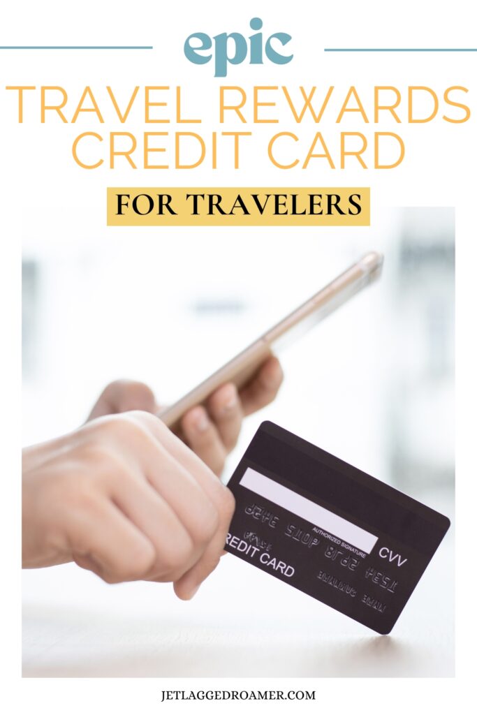 American Express travel credit card Pinterest pin. Text says epic travel rewards credit card for travelers. Person holding a credit card.