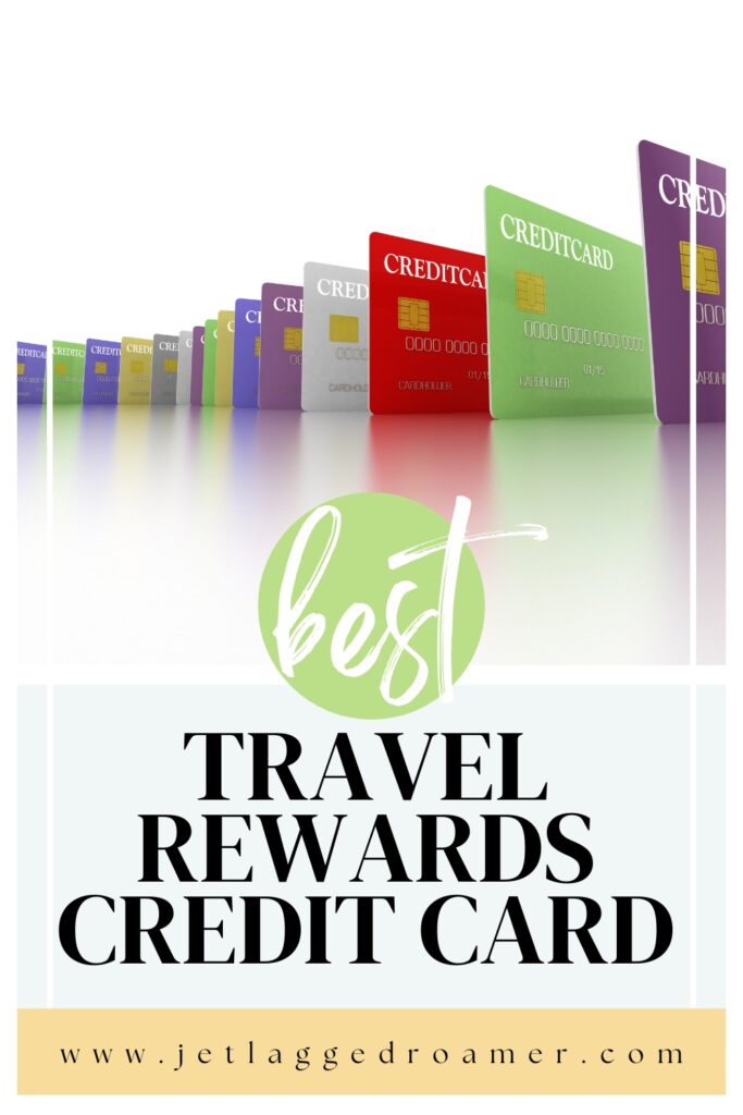 Credit cards lined up. Pinterest pin for American Express travel credit card. Text says best travel rewards credit card.