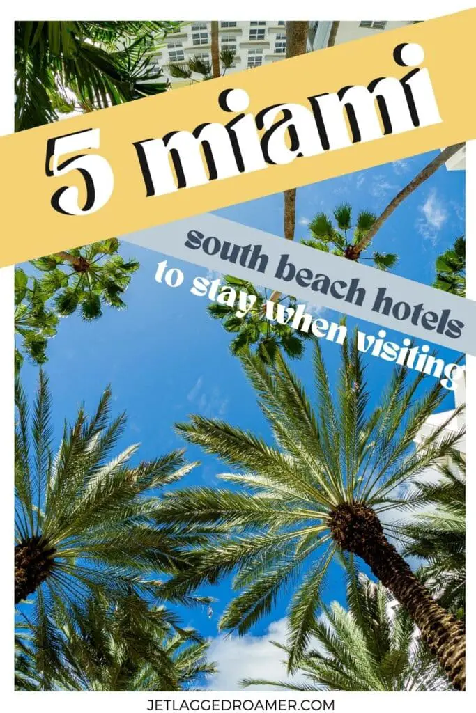 Miami South Beach hotels Pinterest pin. Text says Miami South Beach hotels to stay when visiting. Palm trees in Miami.