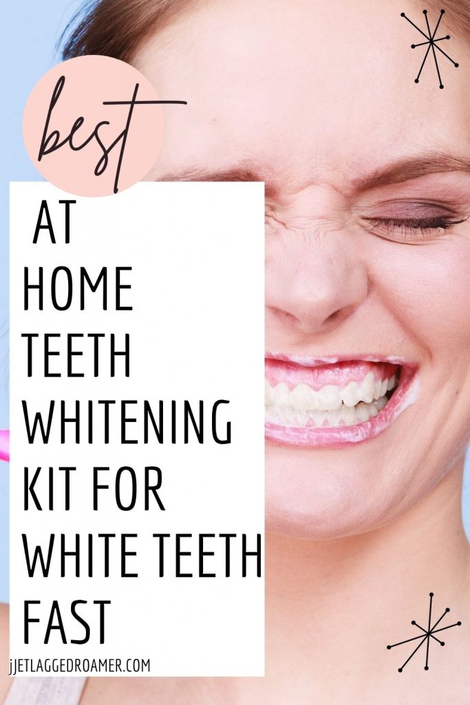 Picture of a woman smiling with words that read best at home teeth whitening kit for white teeth