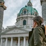 Posing in front of St. Charles Church one of the pretty places to take pictures in Vienna.