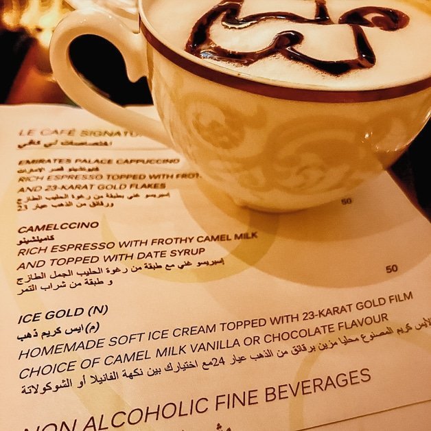 Picture of a camelccino in Abu Dhabi's Emirate's Palace.