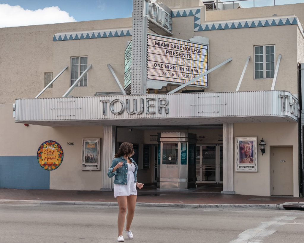 Looking back at the tower crossing the street in Little Havana