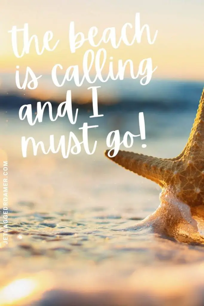 Starfish on the beach shore with the beach quote "the beach is calling and I must go!"