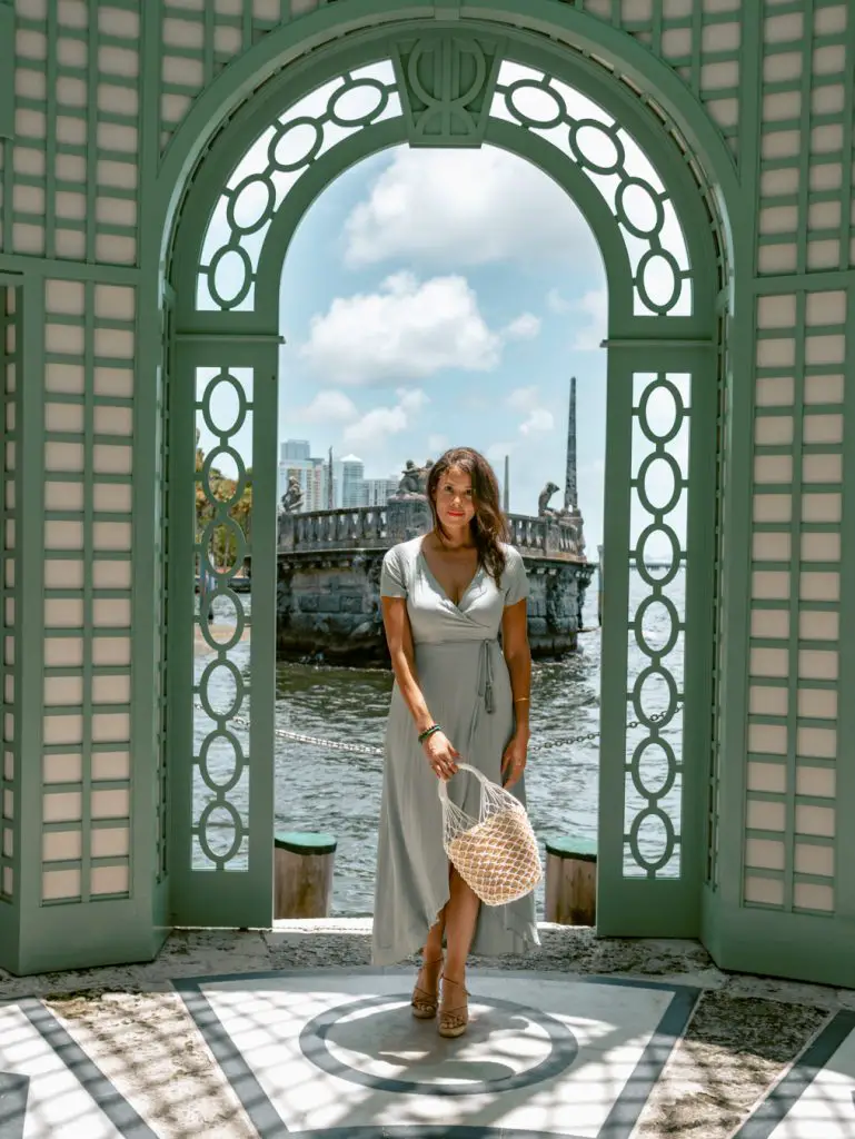 Posing in the gazebo at Vizcaya Gardens one of the best places to take pictures in Miami.