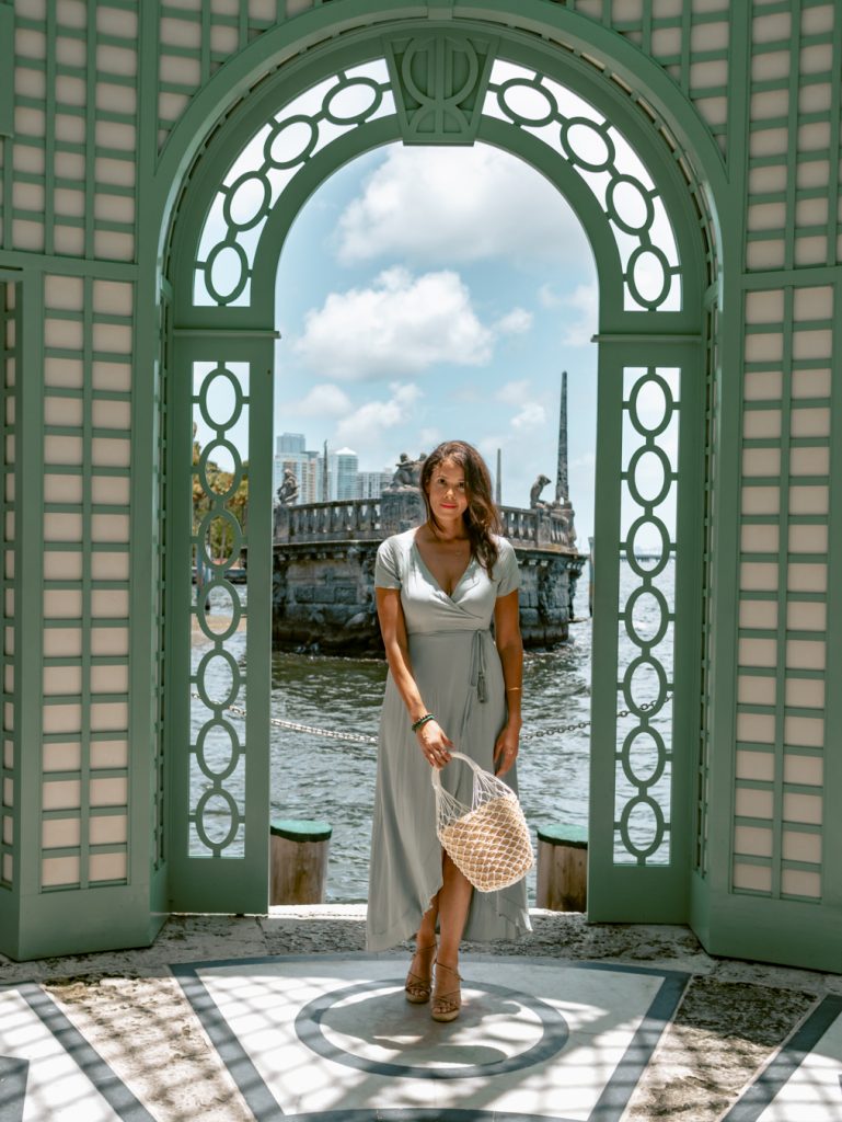 Posing in the gazebo at Vizcaya Gardens one of the best places to take pictures in Miami.