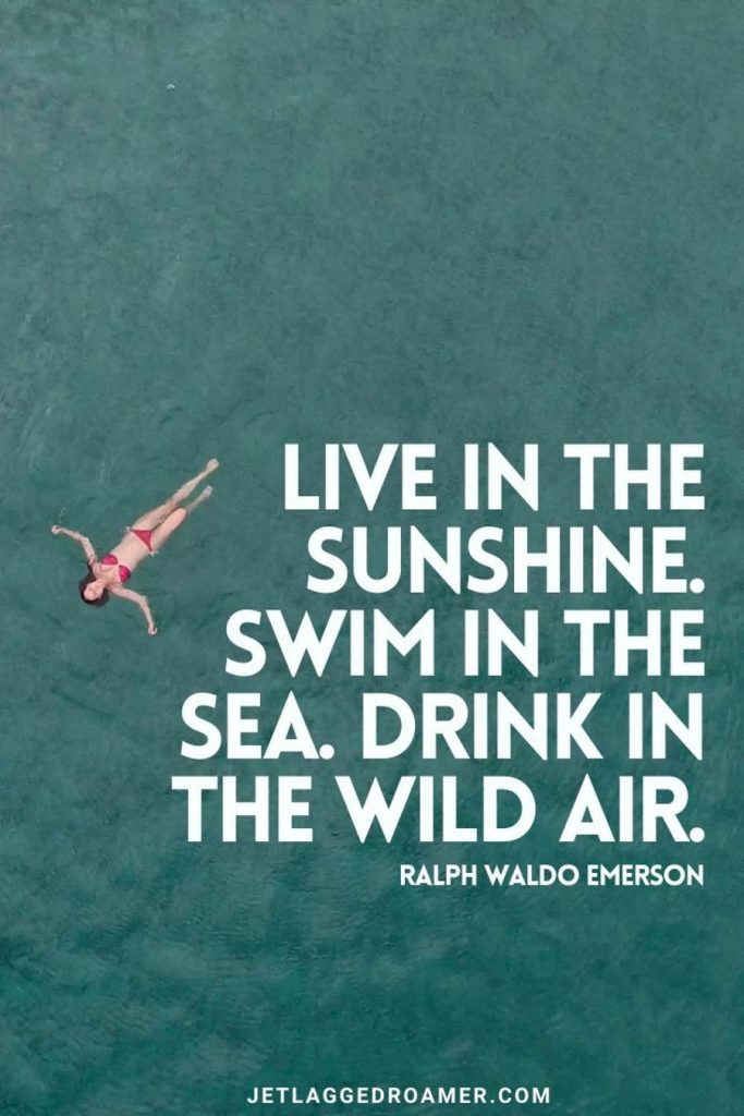 Lady in a red bikini floating in the ocean and quote from Ralph Waldo Emerson that reads 