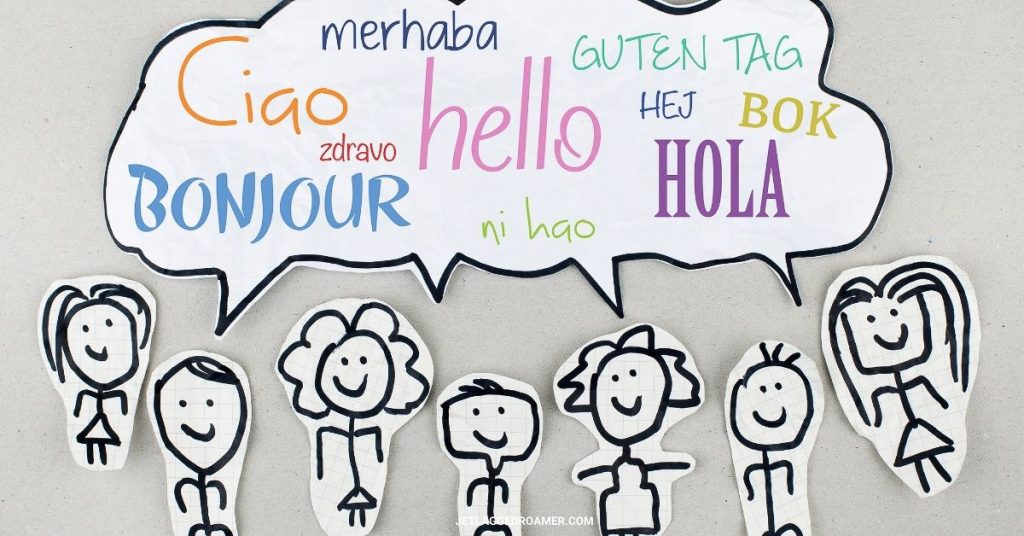 Stick drawings all with a comment bubble filled with "hello" in different languages. 