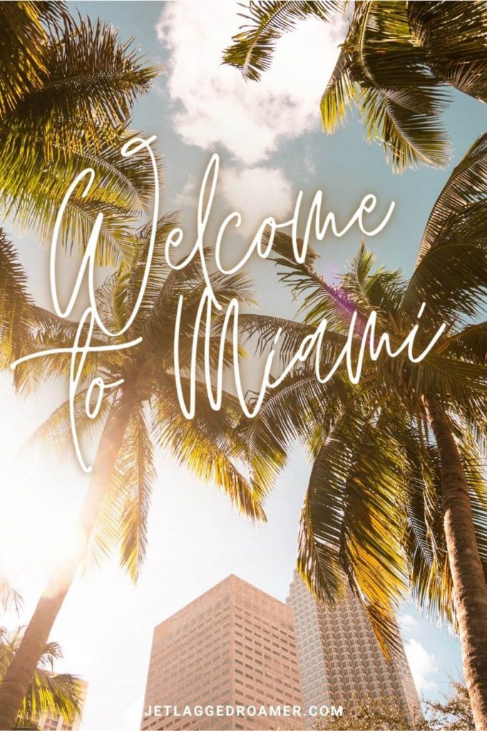 Miami palm trees and a sunny blue sky and a Miami caption for Instagram that says "Welcome to Miami."