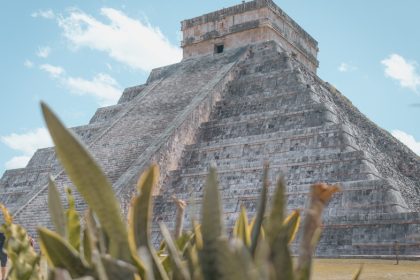Valladolid to Chichen Itza pyramid on a sunny day.