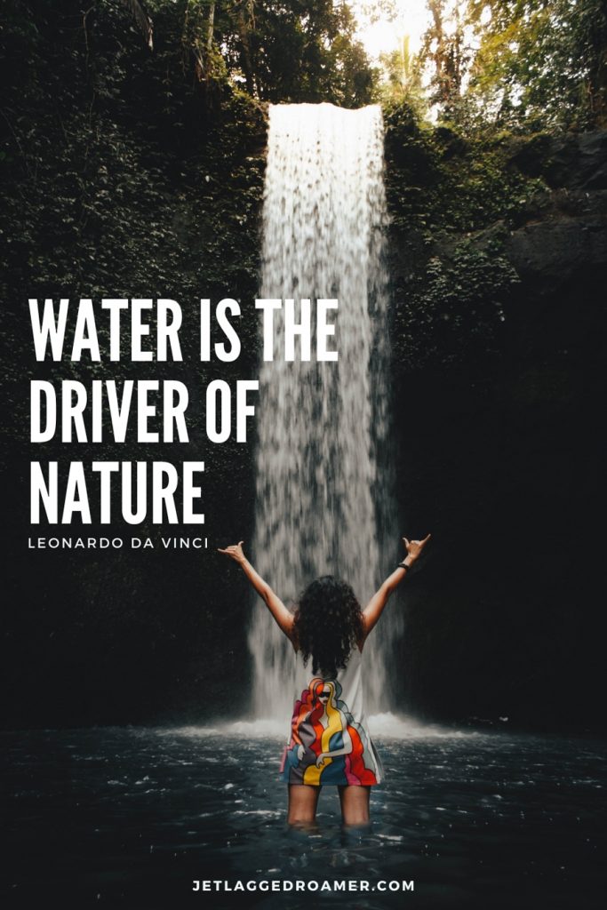 Woman in her dress standing in front of a large waterfall and a waterfall quote saying “Water is the driver of nature.”- Leonardo Da Vinci 