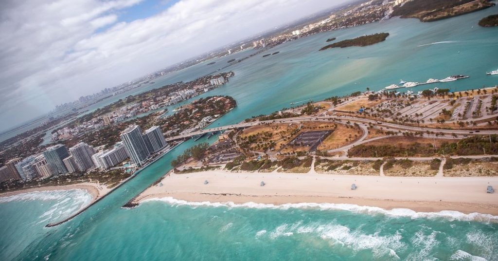 Aerial view of Haulover Beach Park one a sunny day, one of the best nude beaches in Florida. 