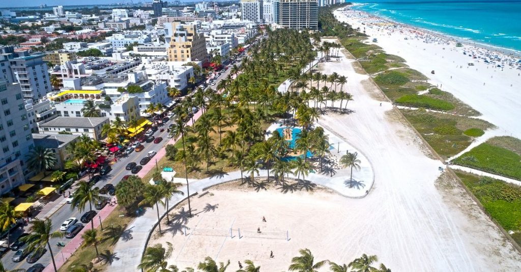 Aerial view of Lummus Park one of the topless beaches in Florida in South beach on a sunny day. 