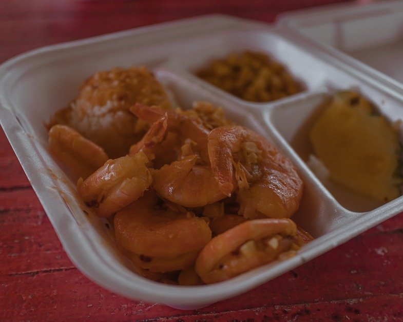 Spicy Garlic shrimp from Fumi's one of the best places to eat in Oahu. 