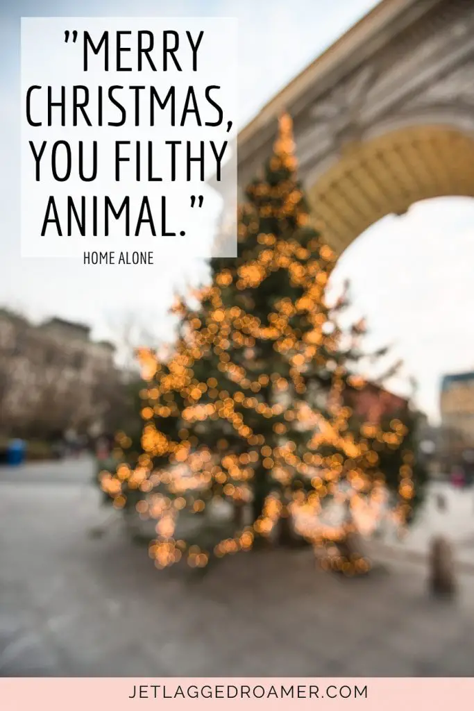 New York Instagram caption about christmas that says "Merry Christmas you filthy animal." Quote from Home Alone. Christmas tree in NYC. 