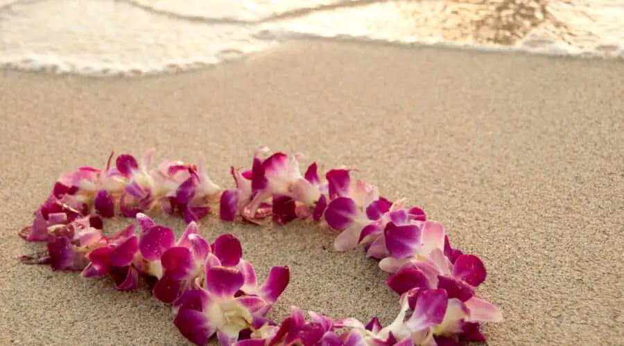 Things to do in Oahu photo of a Hawaiian lei on the beach.