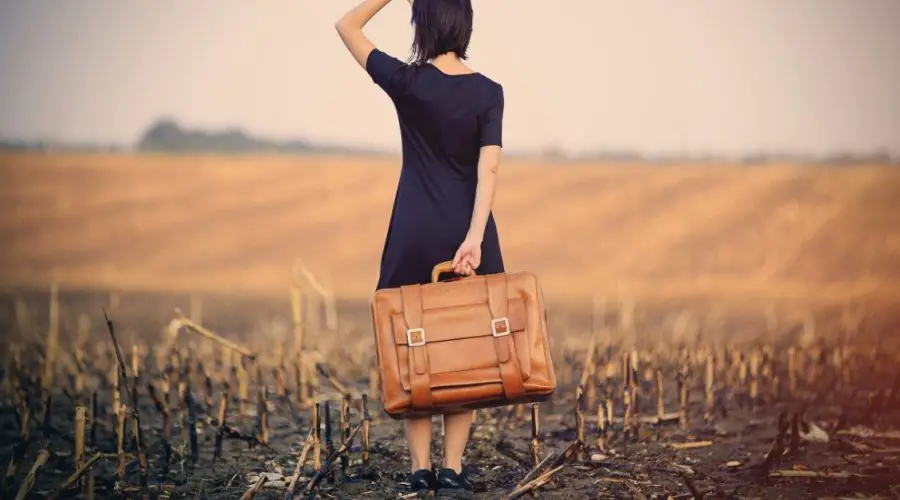 Captions for travel photo of a woman holding a suitcase in an open field alone.
