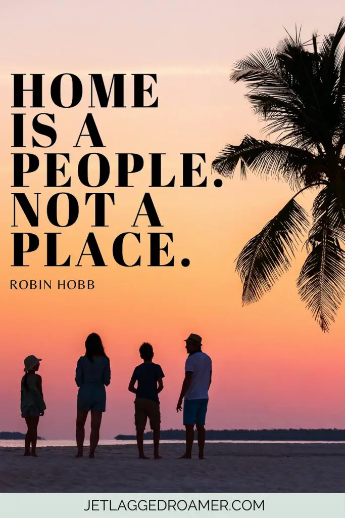 Family vacation Instagram caption that says home is a people not a place. Family on the beach during sunset