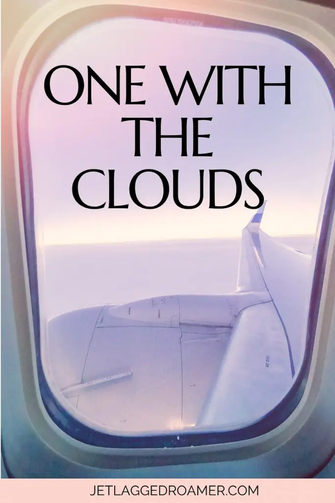 Travel caption about the plane that says one with the clouds. Image from an airplane window, 