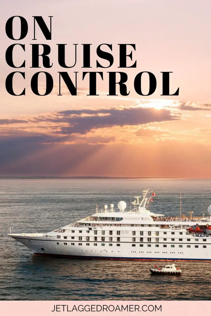 Captions for travel about cruises. Caption reads on cruise control with image of a cruise ship during sunset. 
