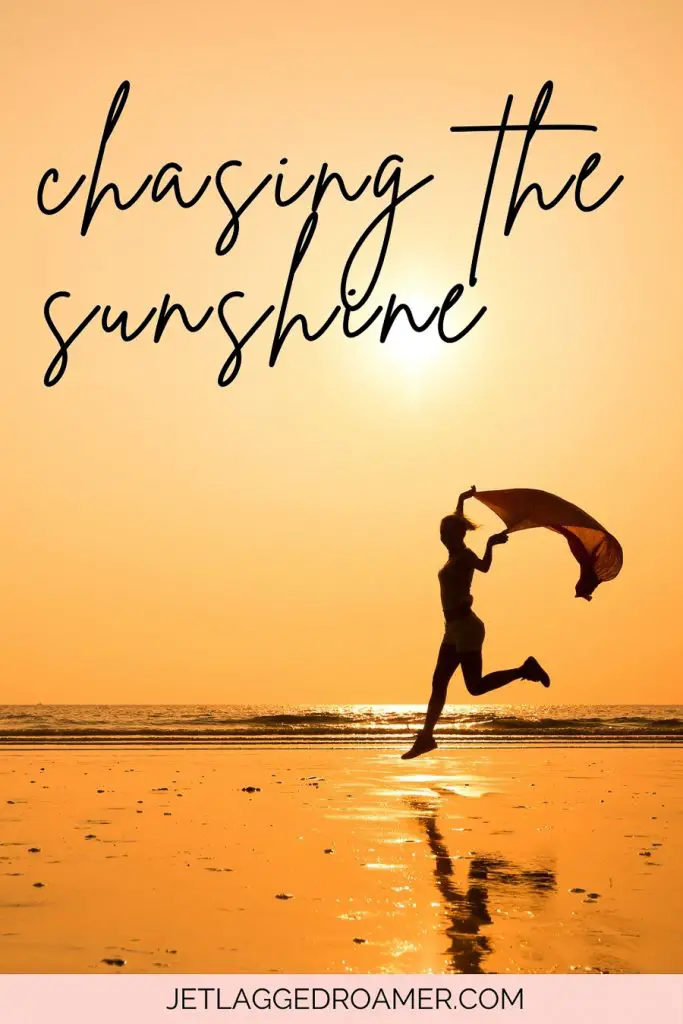 Sunshine caption for Instagram that says chasing the sunshine. Woman during sunrise on the beach.