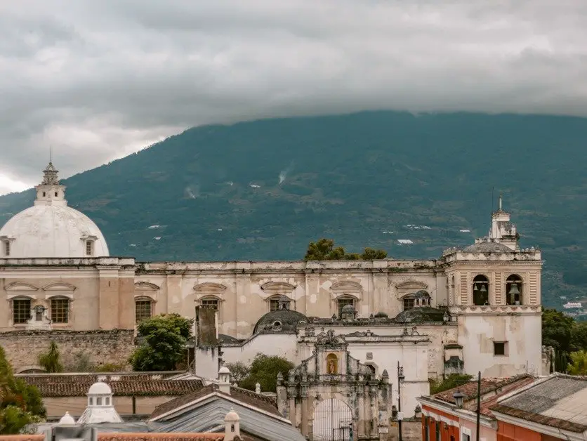 Rooftop view of the volcano one of the top things to do in Antigua, Guatemala. 