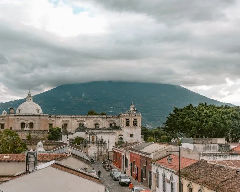 View from the roof top at Cafe Sky one of the best restaurants in Antigua, Guatemala. 