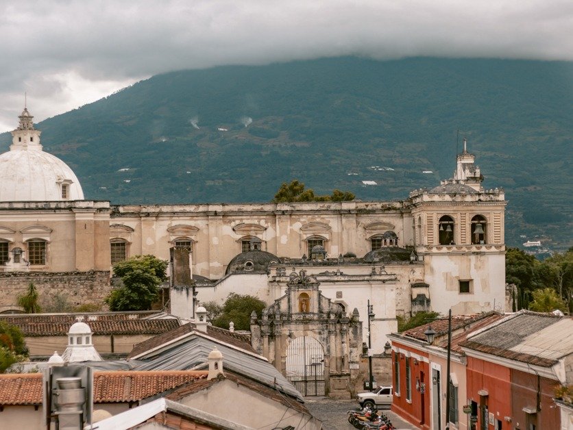 Rooftop view of Antigua and the volcanoes. 