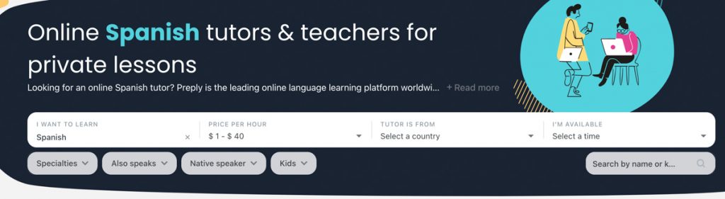Preply review photo of how to search for a tutor on Preply. 