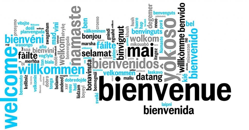 Preply review photo of welcome in different languages.