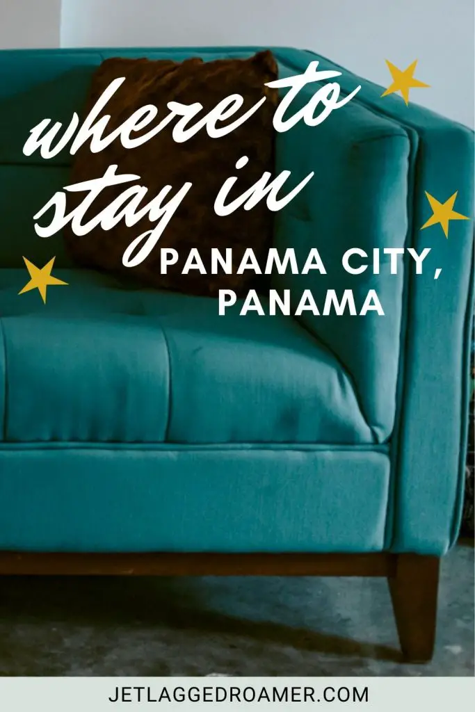 Pinterest pin of a sofa at Tantalo Hotel. Text says where to stay in Panama City, Panama.