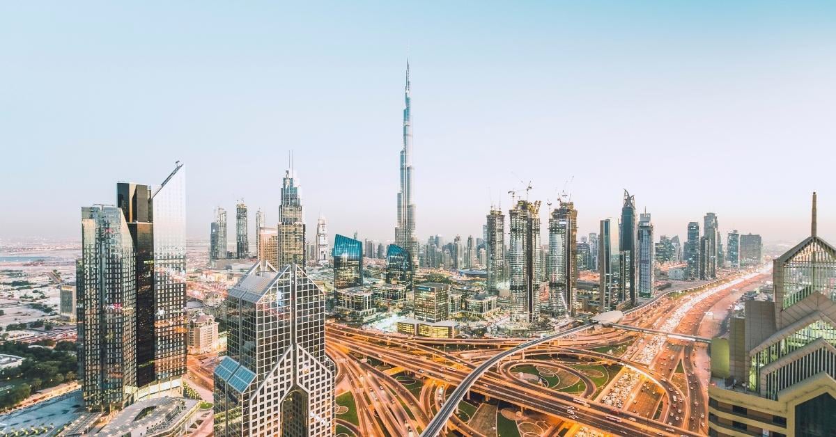 Dubai Instagram Captions photo of an aerial view of Dubai's skyline.