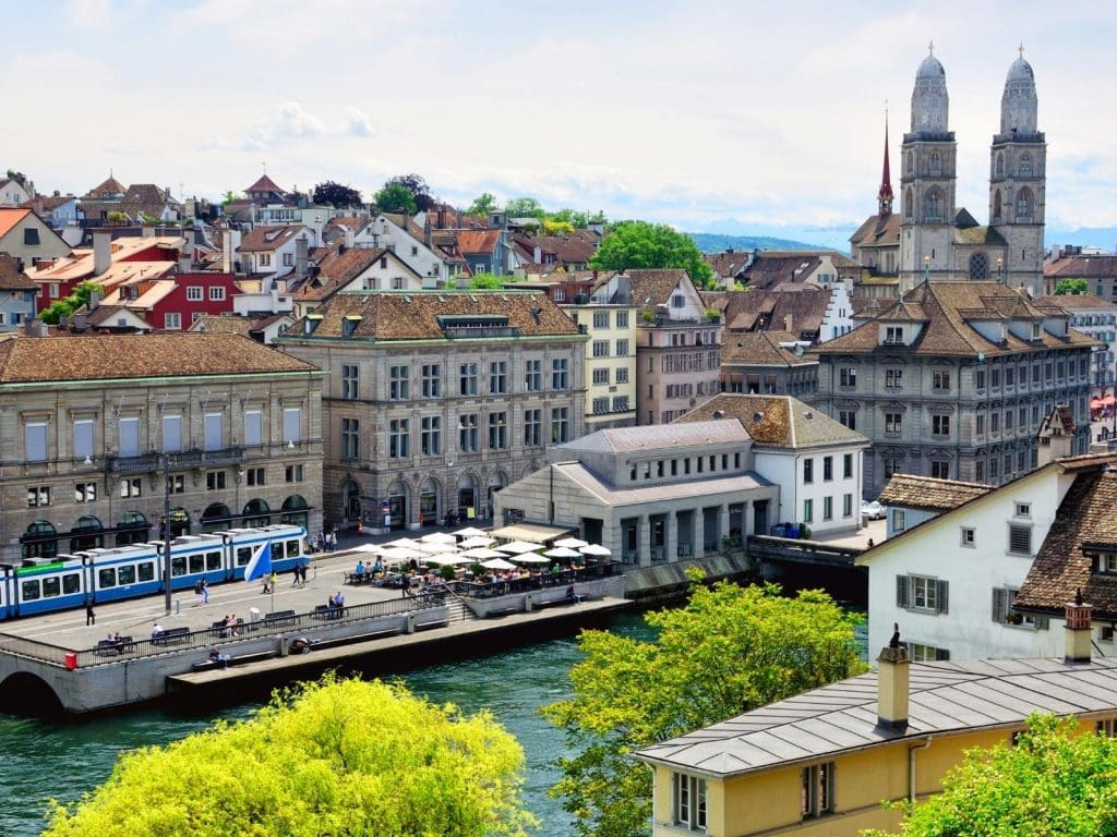Zurich Instagram captions photo of Old Town Zurich on a sunny day.