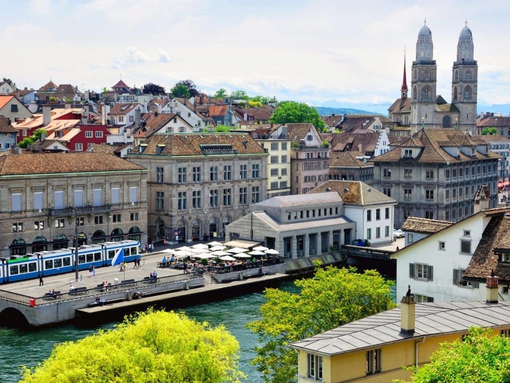 Zurich Instagram captions photo of Old Town Zurich on a sunny day. 