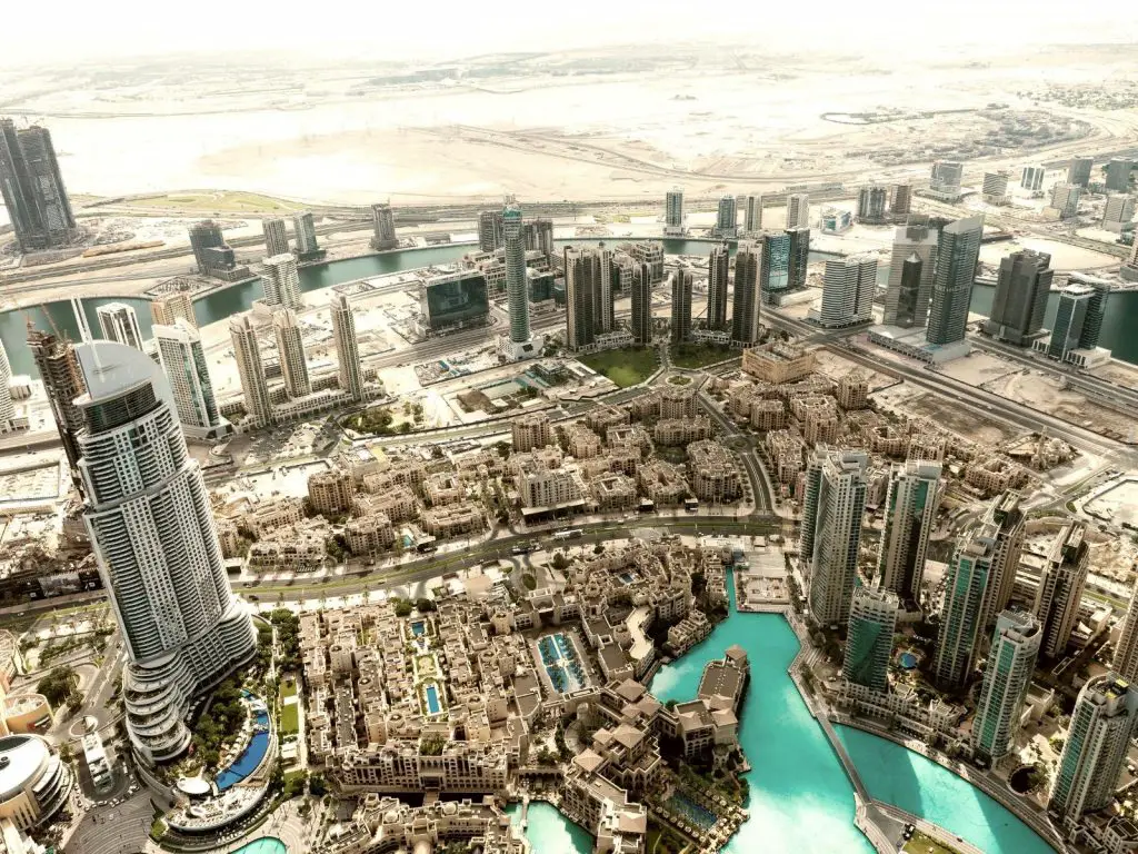 Aerial view of Dubai from the Burj Khalifa. 