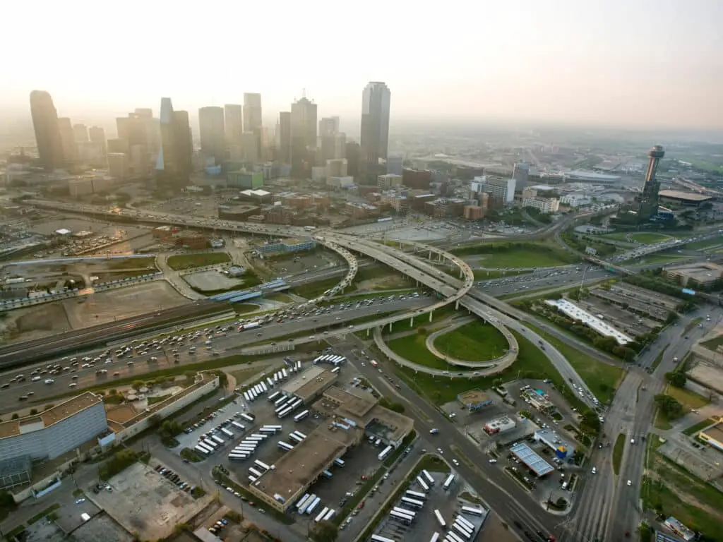 Texas caption photo of an aerial view of downtown Dallas.. 