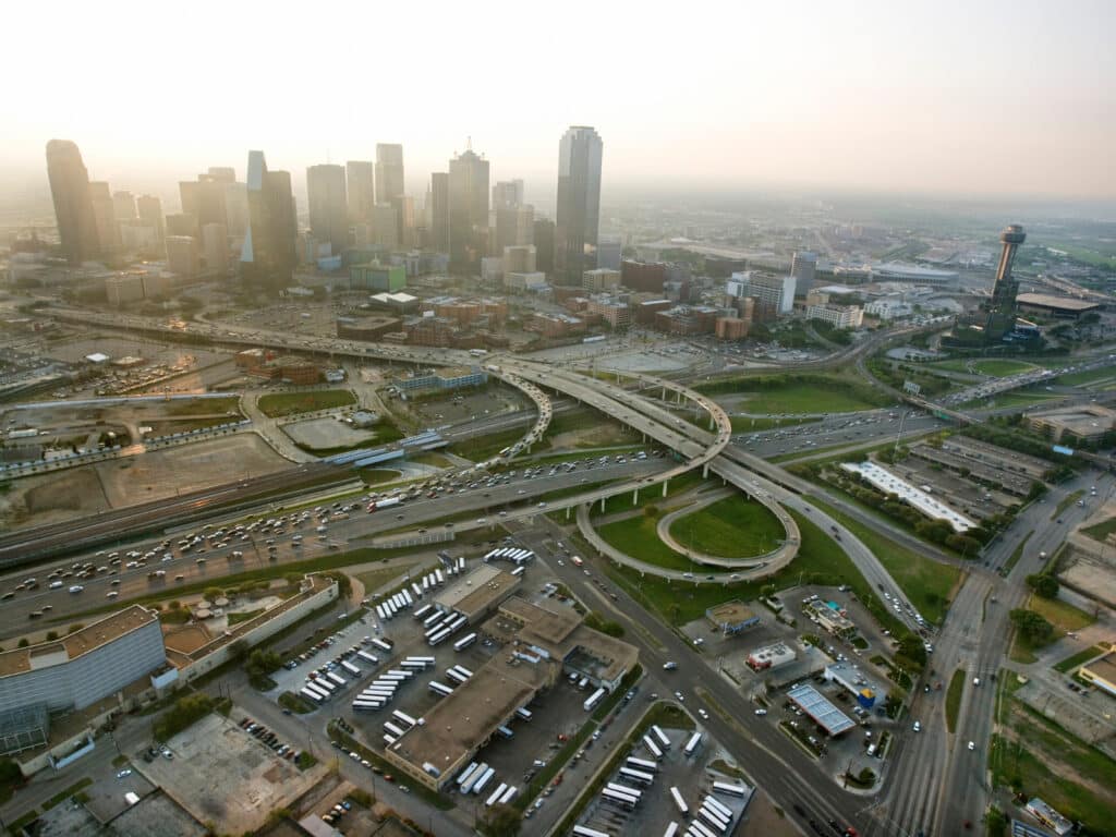 Texas caption photo of an aerial view of downtown Dallas.. 