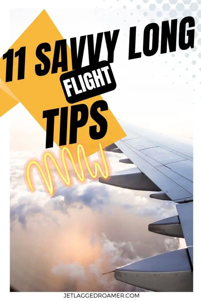 How to survive long flights in economy Pinterest pin. Text says 11 savvy long flight tips. Plane window view. 