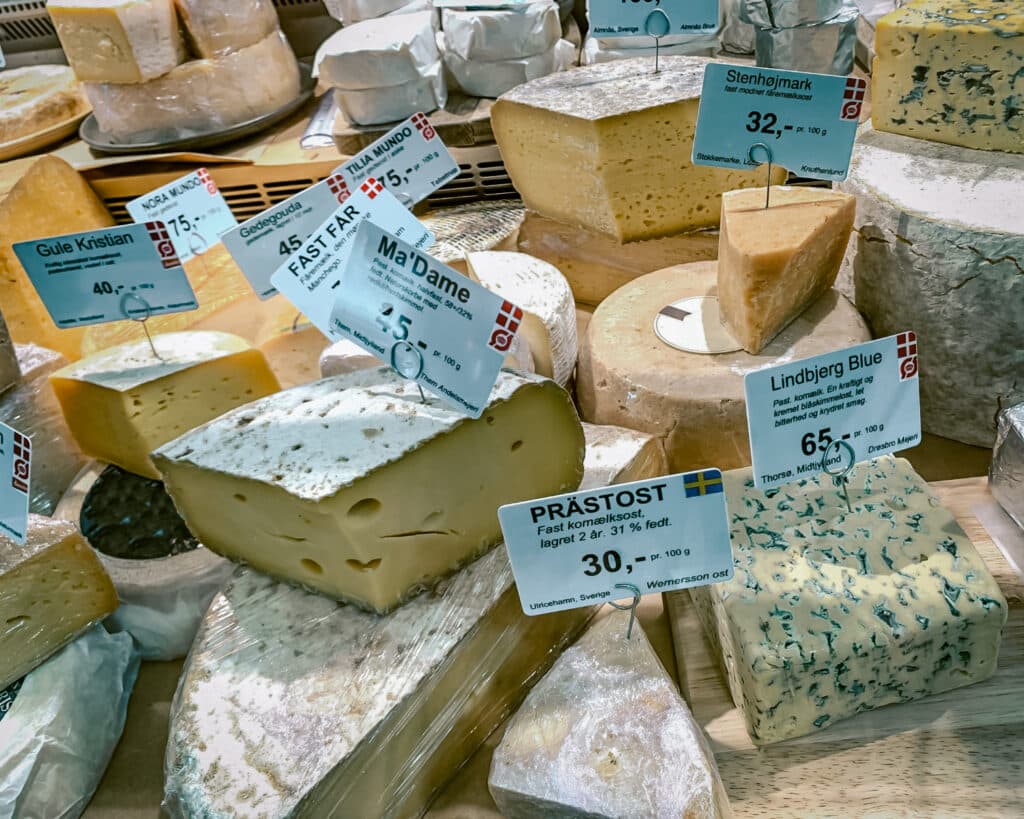 Cheese at Torvehallerne food hall. One of things to do one days in Copehangen. 