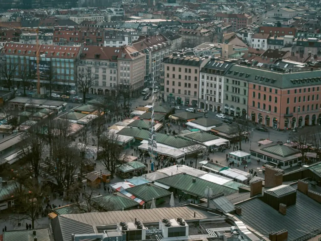 Aerial view of Viktualienmarkt one of the places to visit when spending 24 hours in Munich. 