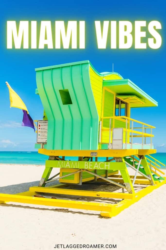 Miami Instagram captions photo of a lifeguard tower in South beach. Miami caption says Miami vibes.