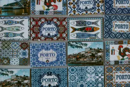 Azulejos in Porto assorted magnets with Porto blue tiles.