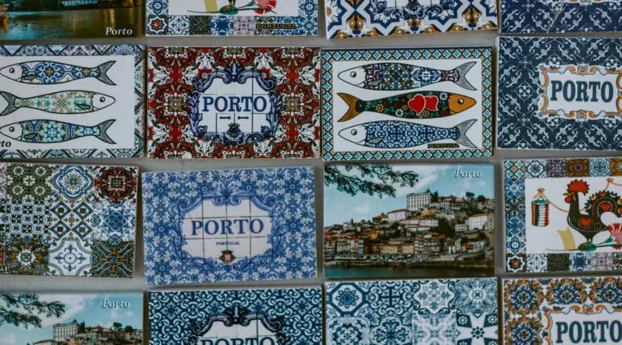 Azulejos in Porto assorted magnets with Porto blue tiles.