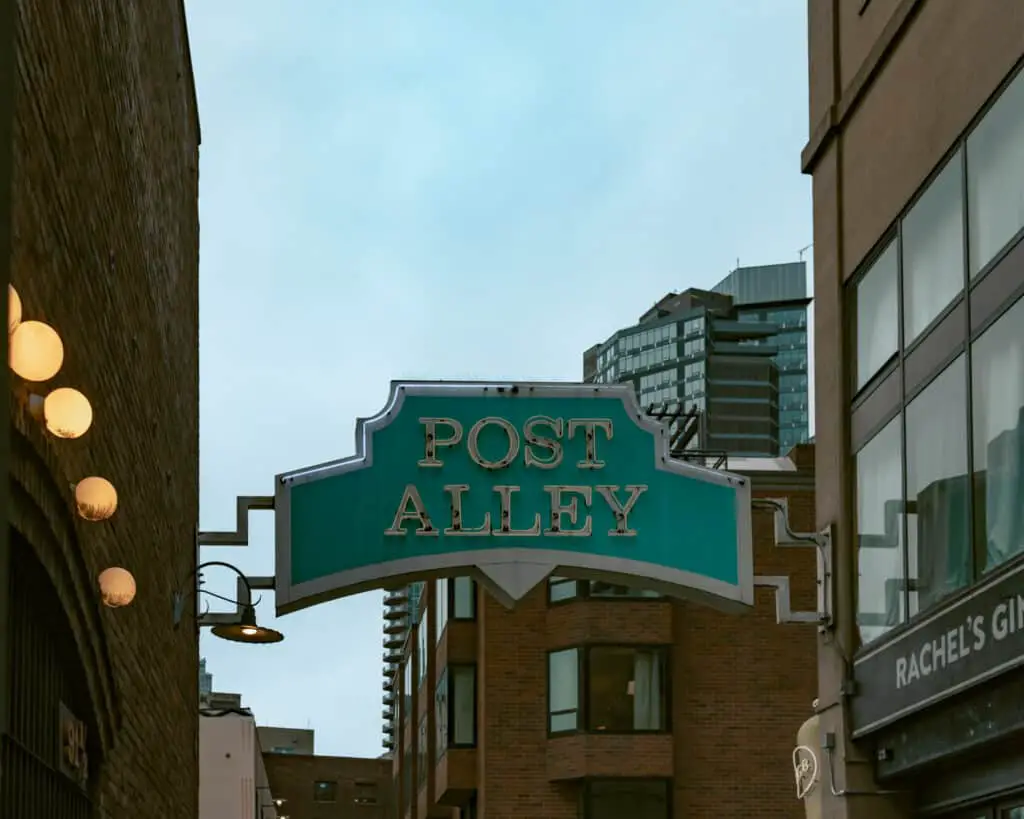 Post Alley sign in Downtown Seattle one of the things to do in Seattle. 