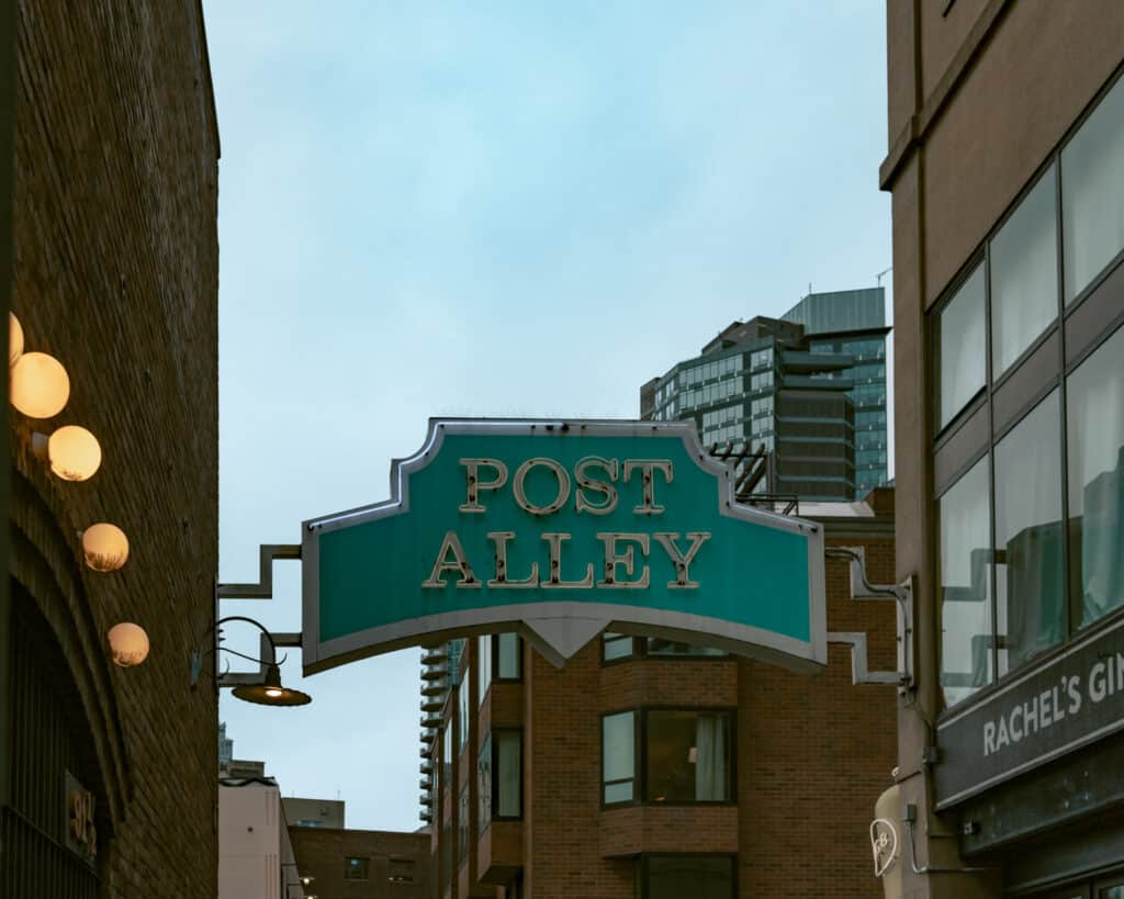 Post Alley sign in Downtown Seattle one of the things to do in Seattle.