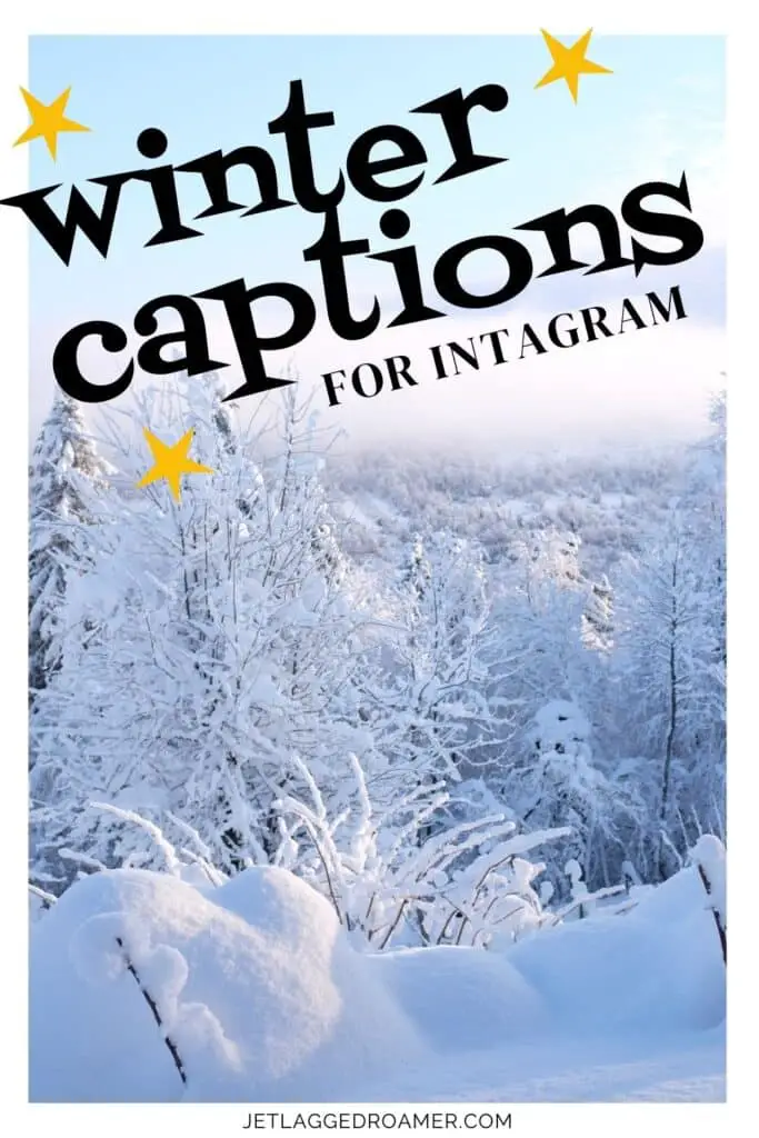Pinterest pin for snowflake Instagram captions. Text says winter captions for Instagram. Snow covered trees. 