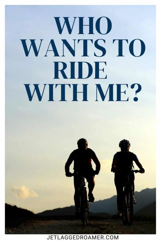 Bike riding captions photo of friends riding a bike. Bike photo caption says "who wants to ride with me?"